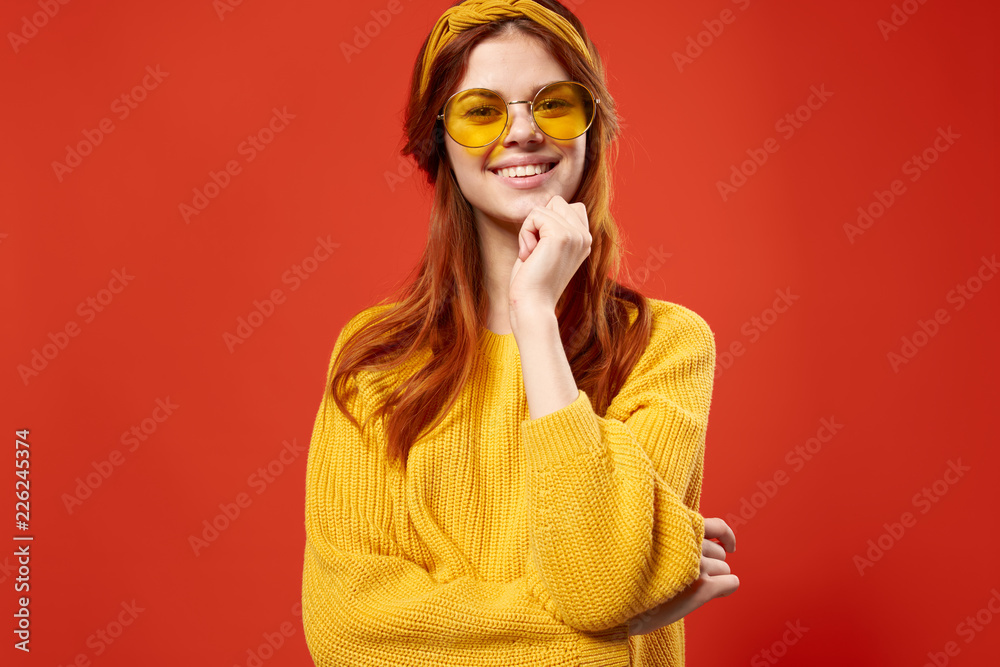 smile woman in glasses in yellow sweater smile woman in glasses in yellow sweater