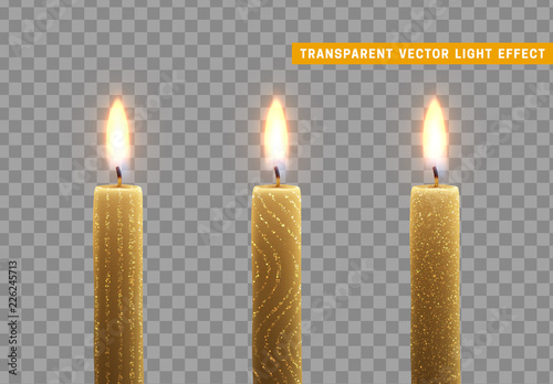 Set of paraffin candles realistic isolated on transparent background. Element for design decor, vector illustration. Candles burn with fire.