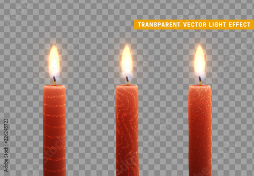 Set of paraffin candles realistic isolated on transparent background. Element for design decor, vector illustration. Candles burn with fire.