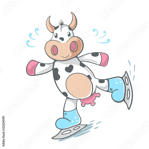 Cow, cute - ice scate illustration. photo