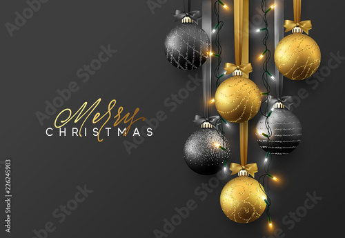 Christmas greeting card, design of xmas ball with realistic garlands on dark background.