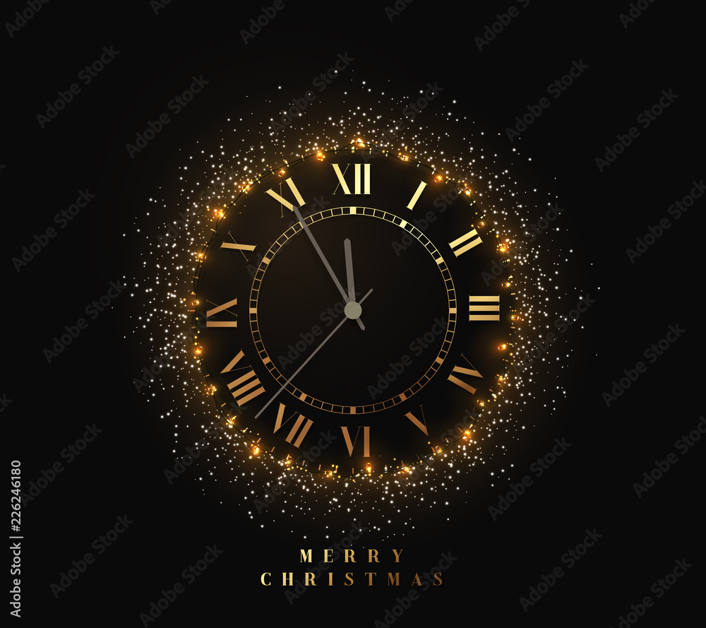 New Year shiny gold watch, five minutes to midnight. Merry Christmas. Xmas holiday. Glowing background with bright lights and white sparkles. Design vector illustration New Year shiny gold watch, five minutes to midnight. Merry Christmas. Xmas holiday. Glowing background with bright lights and white sparkles. Design vector illustration