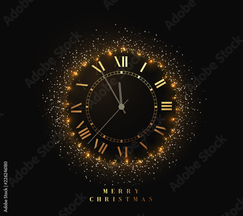 New Year shiny gold watch, five minutes to midnight. Merry Christmas. Xmas holiday. Glowing background with bright lights and white sparkles. Design vector illustration