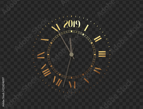 2019 New Year gold clock, five minutes to midnight. Merry Christmas. Watch isolated on transparent background