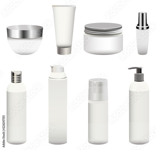 blank cosmetics packages (bottles, containers, cream jars and other). Realistic mock-up collection vector set