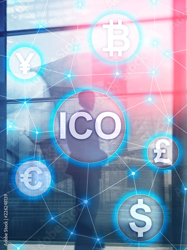 ICO - Initial coin offering, Blockchain and cryptocurrency concept on blurred business building background. Abstract Cover Design Vertical Format.