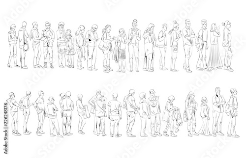 People staying in queue. Silhouettes of people, sketch