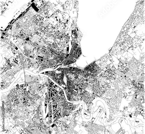 Mappa satellitare di Ginevra, Svizzera, strade della città. Stradario e mappa del centro città