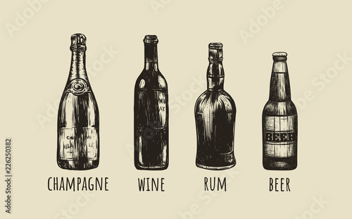 Rum, beer, champagne, wine sketch drawings 
