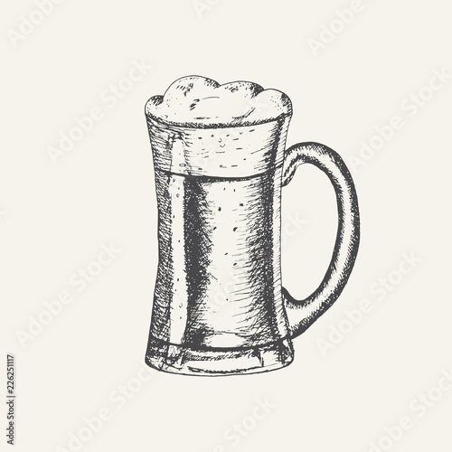 Glass mug with beer and beer foam overflowing over the edge isolated on white background. Hand drawn sketch in vintage engraving style. Light Alcohol Drink. Vector illustration for Oktoberfest.