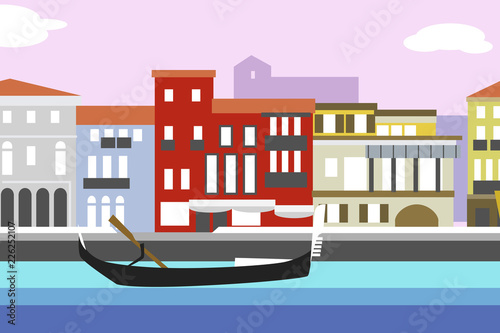 Venice city colorful flat style vector illustration. Cityscape with embankment and buildings. Composition for your design.
