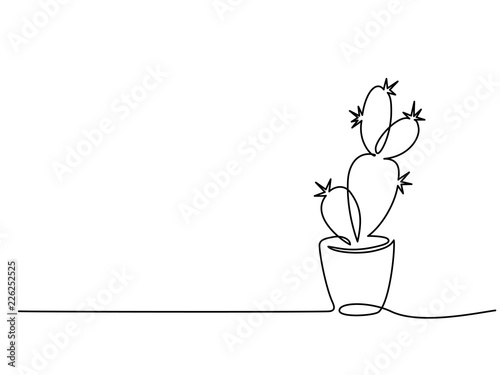 Continuous one line drawing. House cactus in pot. Vector illustration