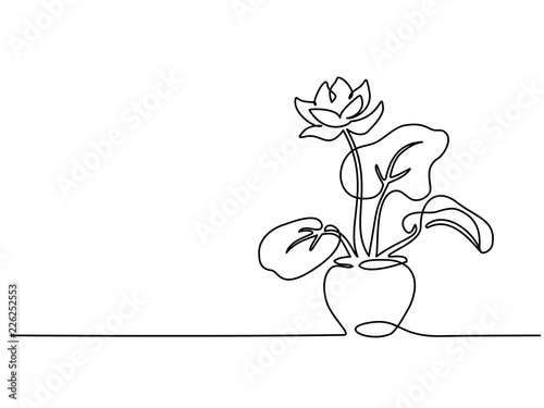 Continuous one line drawing. House plant in pot. Vector illustration