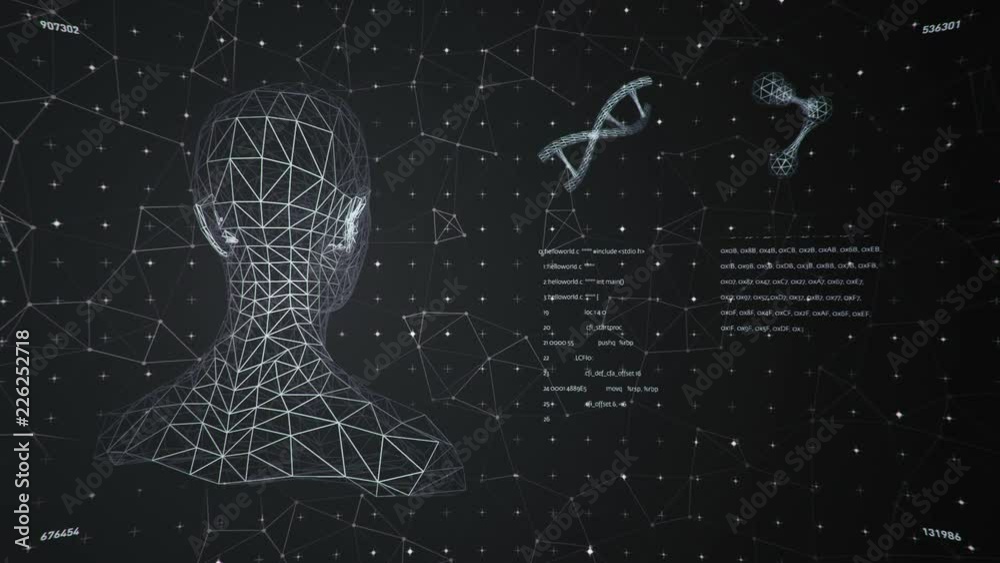 Background with animation of abstract interface. Human body, head ...