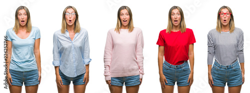 Collage of blonde beautiful woman wearing casual look over white isolated backgroud afraid and shocked with surprise expression, fear and excited face.