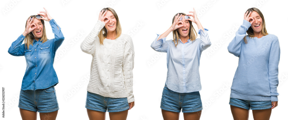 Collage of blonde beautiful woman wearing casual look over white isolated backgroud doing ok gesture with hand smiling, eye looking through fingers with happy face.