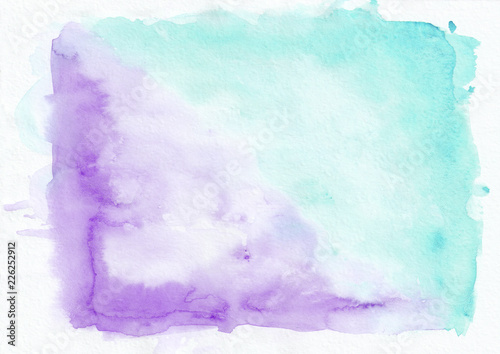 Purple (or amethyst) and turquoise (sky blue) mixed watercolor horizontal gradient background. It's useful for greeting cards, valentines, letters. Abstract art style handicraft pattern.