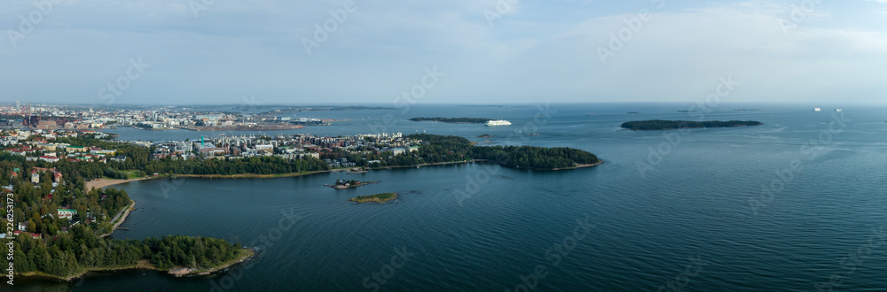Panorama view from the sky of Helsinki with car ferries arriving to the West Harbour, Finland
