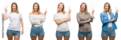 Collage of blonde beautiful woman wearing casual look over white isolated backgroud smiling with happy face winking at the camera doing victory sign. Number two.