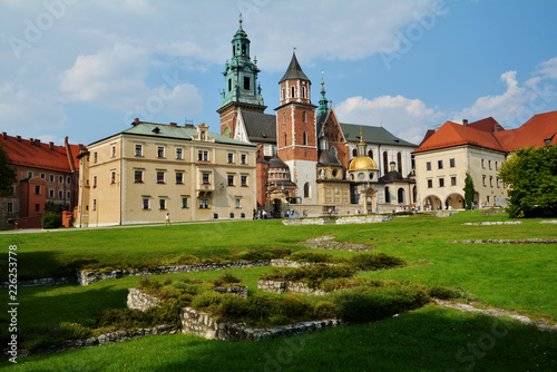  Wawel castle and ancient walls , top attraction in Krakow, Poland.