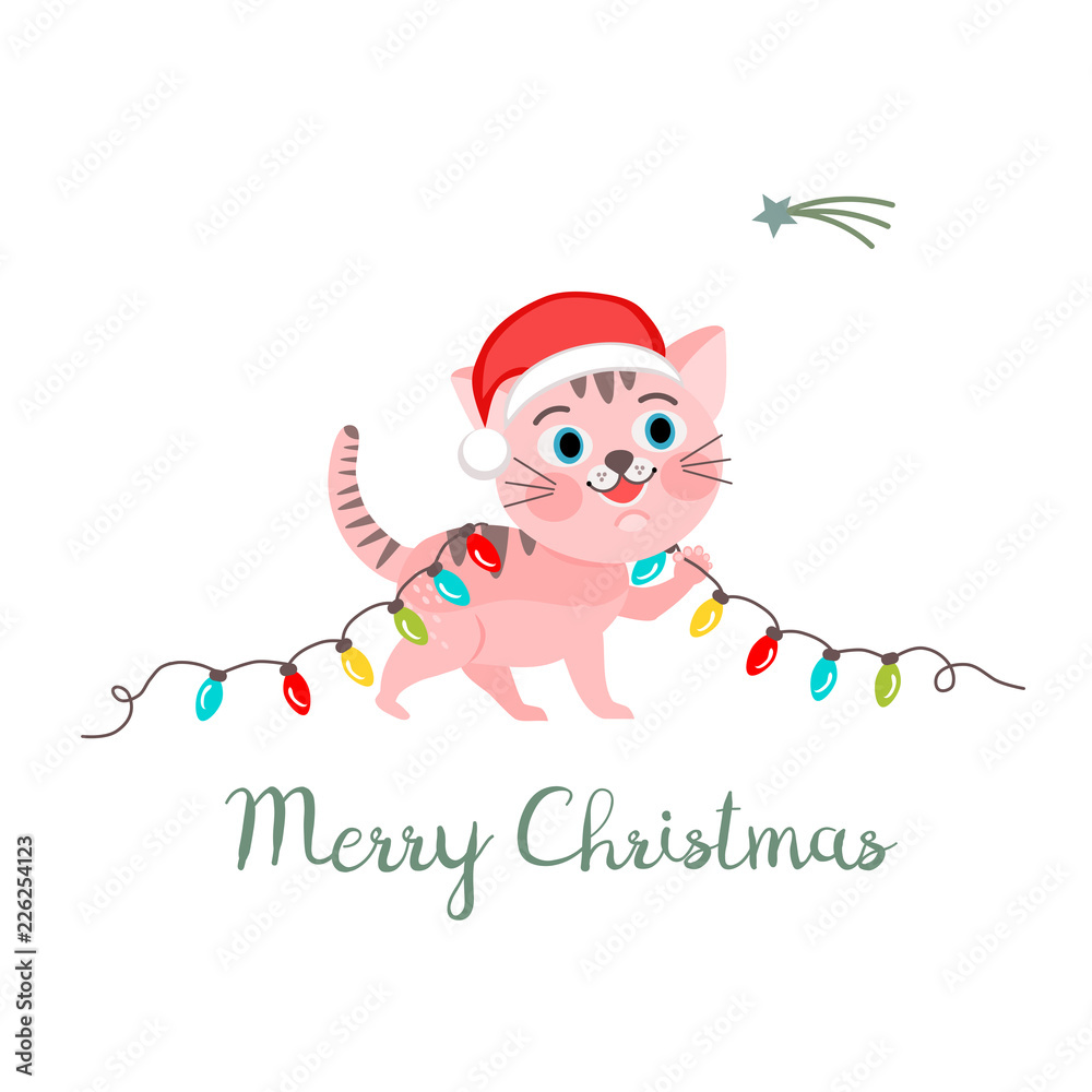 Christmas little cat with Santa's hat and light balls, Christmas vector greeting card