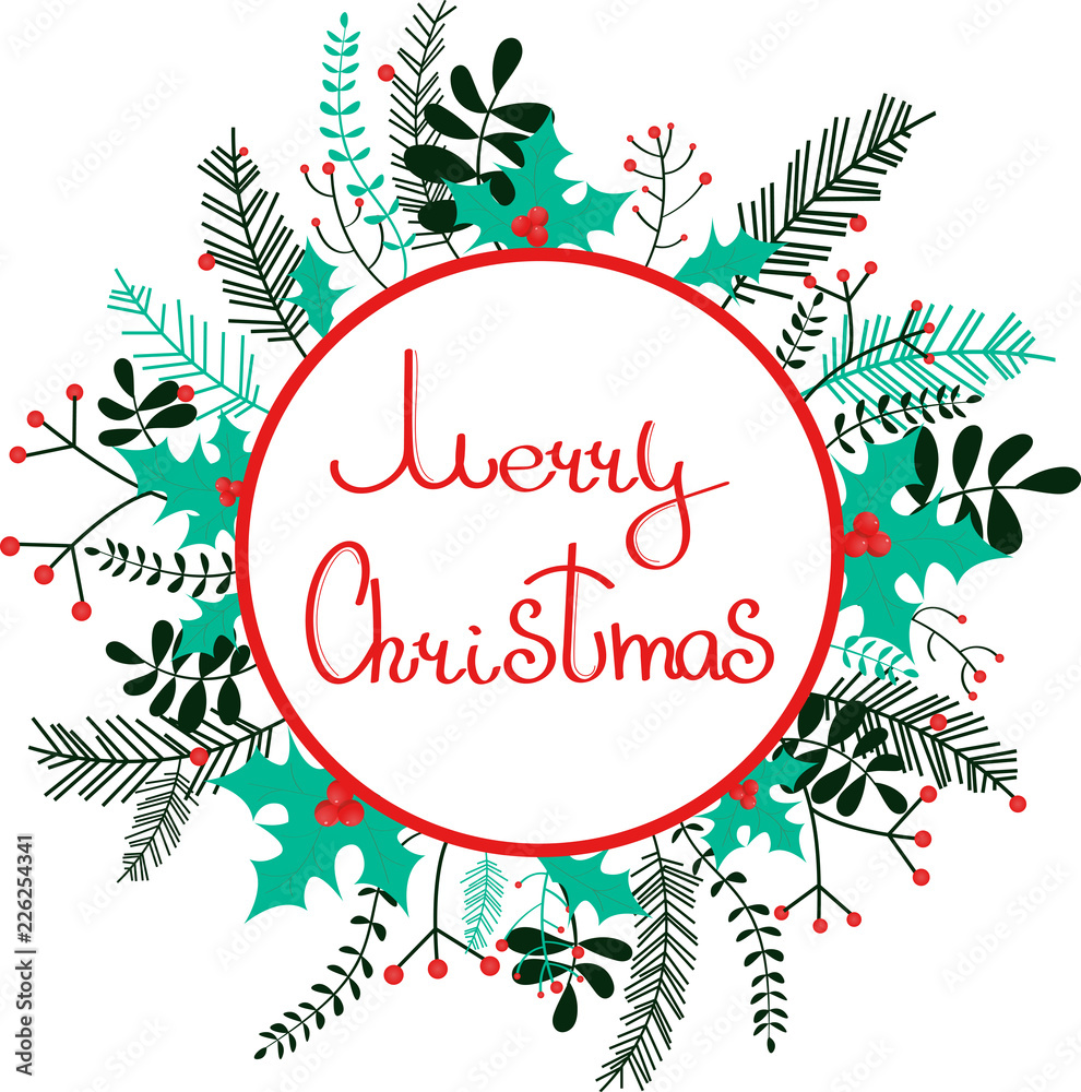 Obraz premium Merry Christmas wreath with twigs, plants, holly.
