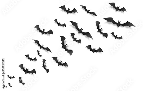 Black paper bats flying across the screen, vector Halloween elements on white background