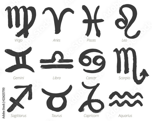 Collection of zodiac signs, hand-drawn with ink brush. Vector graphics set.