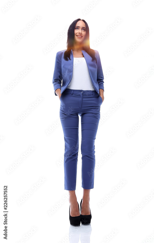 Modern business woman smiling and standing over white Modern business woman smiling and standing over white