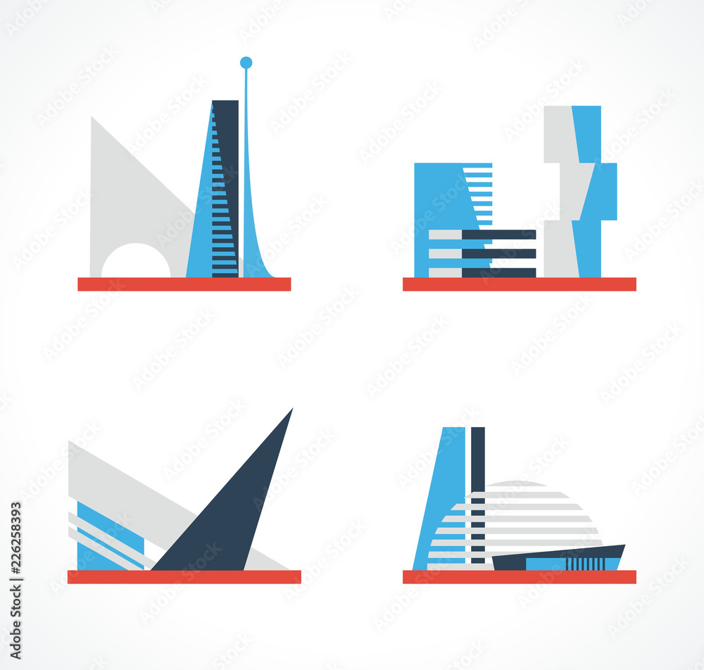 Obraz premium Buildings with futuristic design. Real estate concept. Vector color icon set. Logo template.