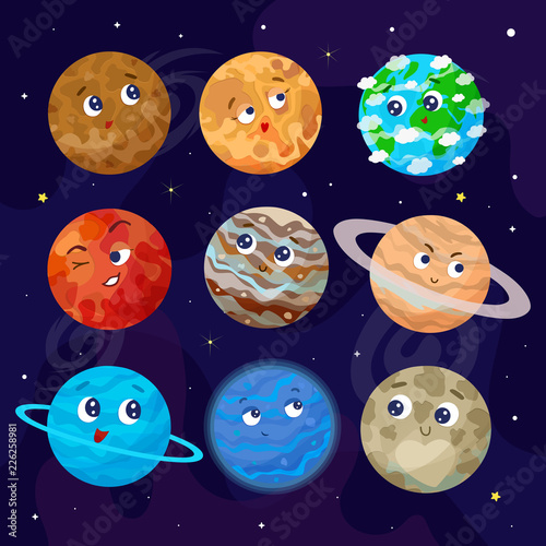 Vector illustration of space, universe.  Cartoon planets. Kids illustration.