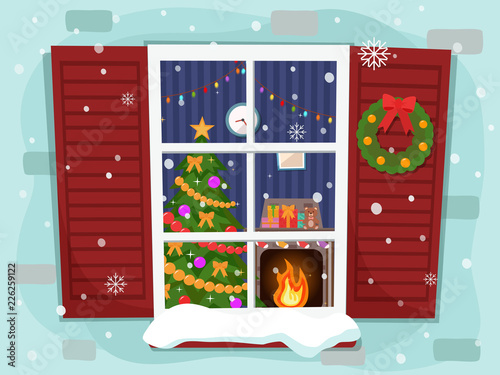 View of the cozy Christmas living room with a tree and fireplace through the window. Flat design.