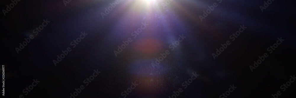 blue and purple centered and mainly off screen lens flare overlay texture with bokeh effect with black background banner - obrazy, fototapety, plakaty 
