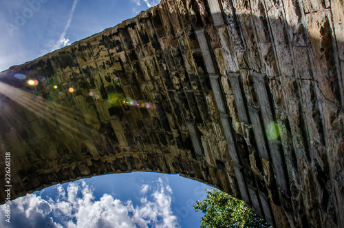 Close up abstract view of Stone Arch Bridge in downtown Minneapolis Minnesota  as seen from St. Anthony Main