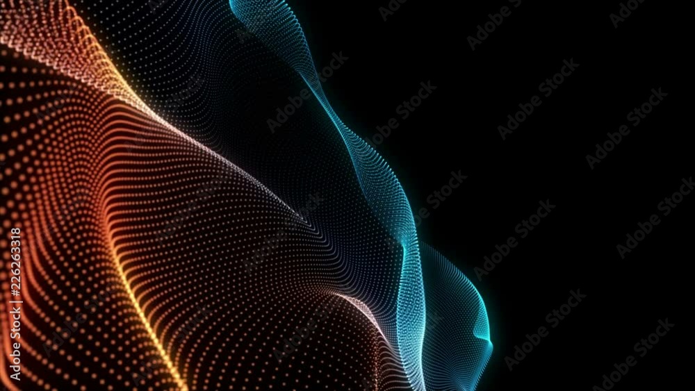 Abstract loopable blue and red cg motion waving dots texture with glowing defocused particles. Cyber or technology digital landscape background. 