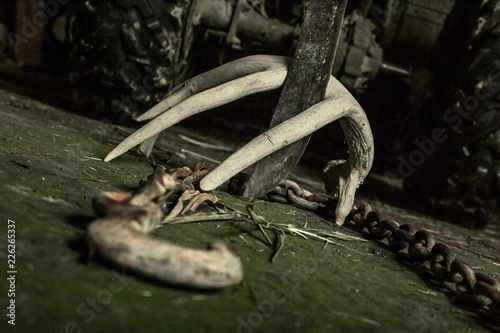 Obraz na płótnie A scary and spooky sight of a rusty machette plunged into the ground through an antler with a chain. w salonie