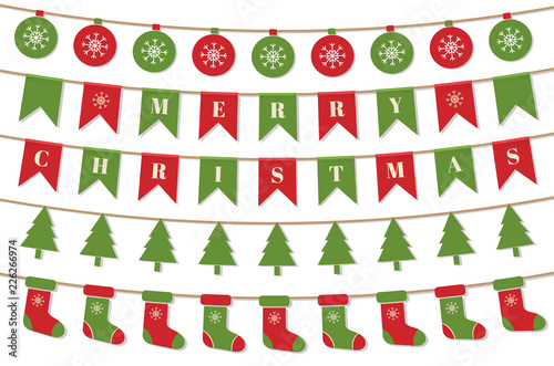Bright Christmas garlands. Merry Christmas background with xmas bunting flags, balls, christmas trees, socks. Winter holiday design. Vector illustration