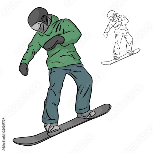 Freeride snowboarder rolls on a snow vector illustration sketch doodle hand drawn with black lines isolated on white background. Winter sport.