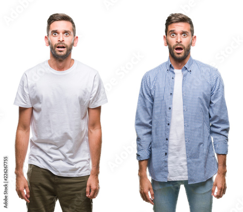Collage of young man wearing casual look over white isolated backgroud afraid and shocked with surprise expression, fear and excited face.