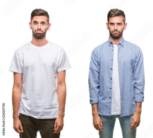 Collage of young man wearing casual look over white isolated backgroud depressed and worry for distress, crying angry and afraid. Sad expression.