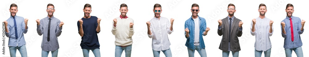 Φωτογραφία Collage of young man over white isolated backgroud very happy and excited doing winner gesture with arms raised, smiling and screaming for success