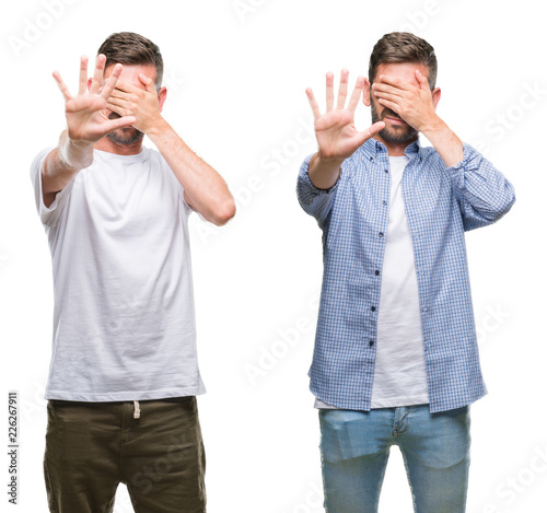 Collage of young man wearing casual look over white isolated backgroud covering eyes with hands and doing stop gesture with sad and fear expression. Embarrassed and negative concept.