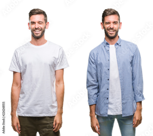 Collage of young man wearing casual look over white isolated backgroud winking looking at the camera with sexy expression, cheerful and happy face.