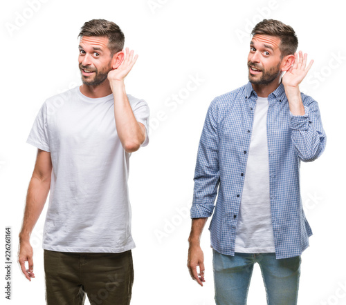 Collage of young man wearing casual look over white isolated backgroud smiling with hand over ear listening an hearing to rumor or gossip. Deafness concept. photo