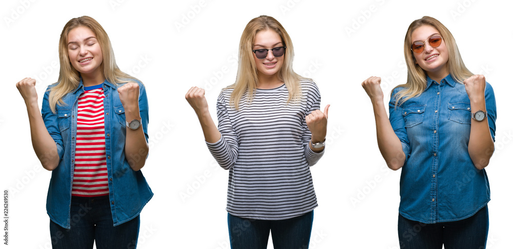 Collage of young beautiful blonde woman wearing sunglasses over white isolated backgroud very happy and excited doing winner gesture with arms raised, smiling and screaming for success. Celebration