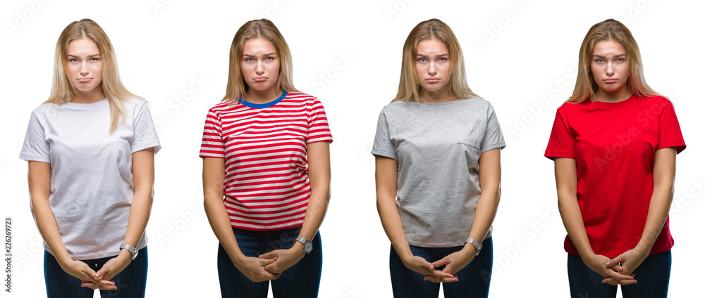Collage of young beautiful blonde woman wearing a t-shirt over white isolated backgroud depressed and worry for distress, crying angry and afraid. Sad expression.