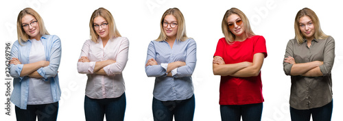 Collage of young beautiful blonde woman over white isolated backgroud happy face smiling with crossed arms looking at the camera. Positive person.