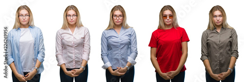 Collage of young beautiful blonde woman over white isolated backgroud with serious expression on face. Simple and natural looking at the camera.