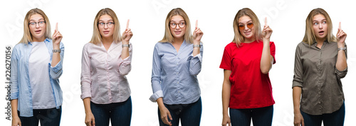 Collage of young beautiful blonde woman over white isolated backgroud pointing finger up with successful idea. Exited and happy. Number one.