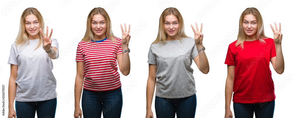 Collage of young beautiful blonde woman wearing a t-shirt over white isolated backgroud showing and pointing up with fingers number three while smiling confident and happy.